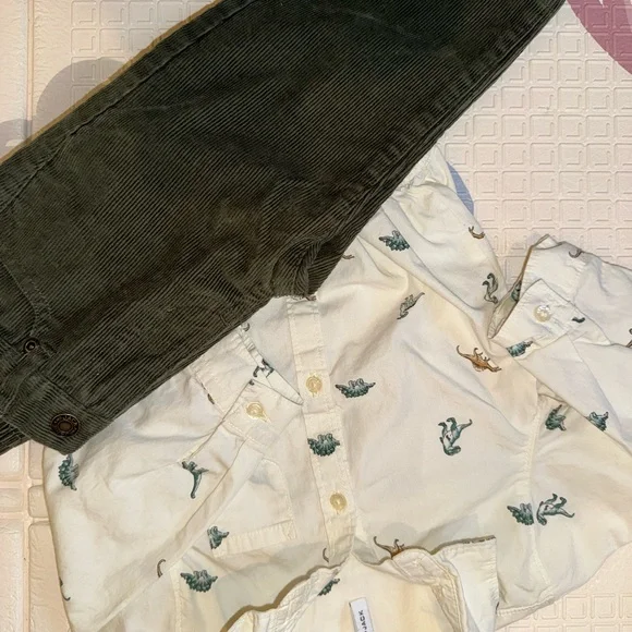 Like New Janie and Jack 2 Piece Boys Dinosaur Button Down w Green Corduroy Pants - Picture 11 of 14
